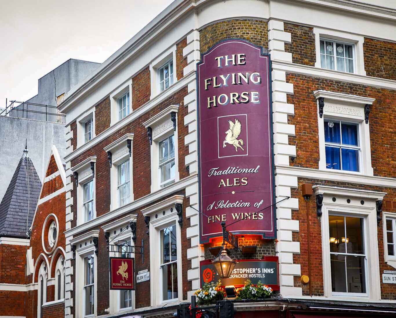Exterior of The Flying Horse pub near Liverpool Street station in the City of London.