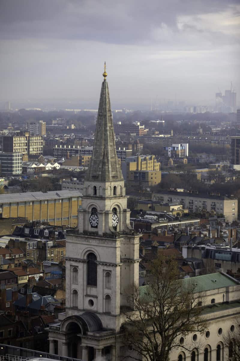 View of Liverpool Street and the city skyline from St Christopher's Liverpool Street hostel.