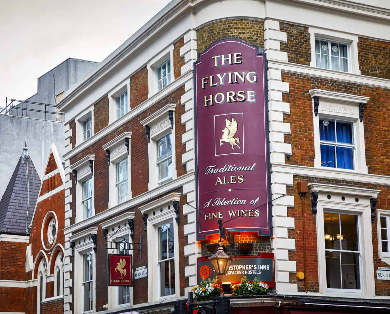 Exterior of The Flying Horse pub near Liverpool Street station in the City of London.
