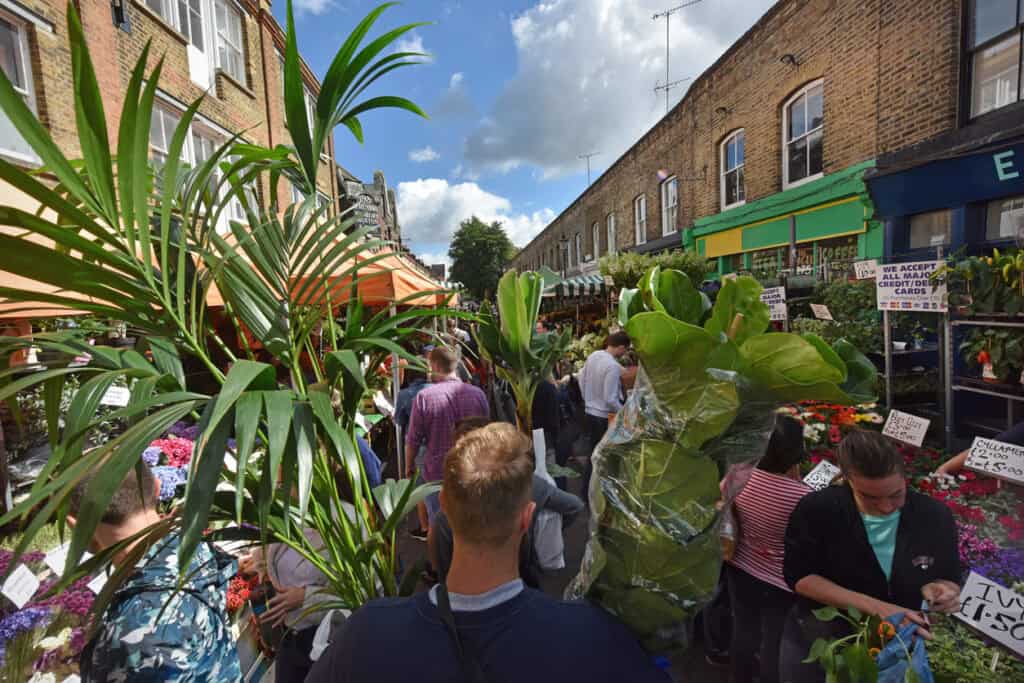 Vibrant outdoor market with people shopping among plants and flowers on a sunny day in Liverpool Str.