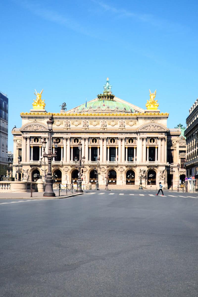 Garnier opera with empty streets during pandemic Covid 19 in Europe.