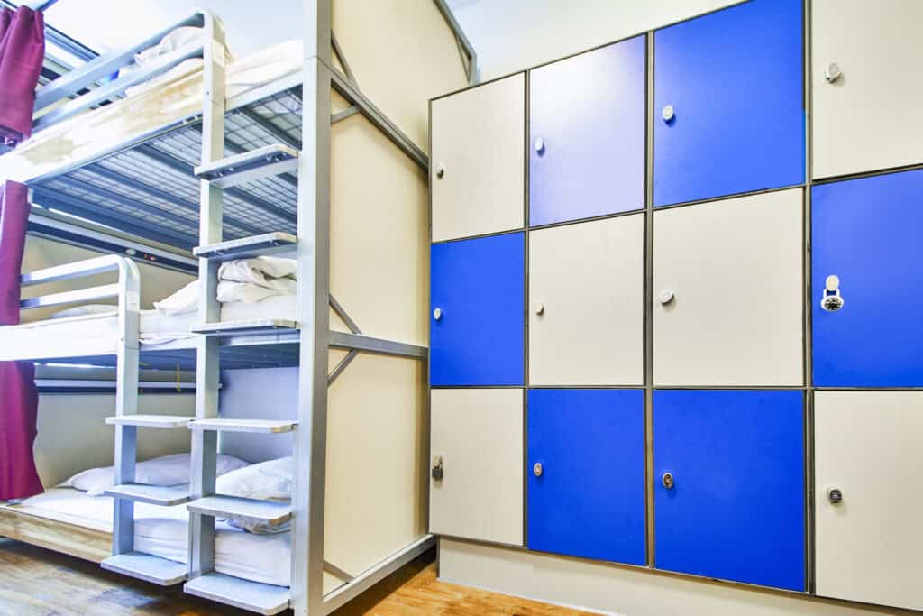 Bunk beds and lockers in a female-only hostel dormitory at St Christopher's Shepherd's Bush.