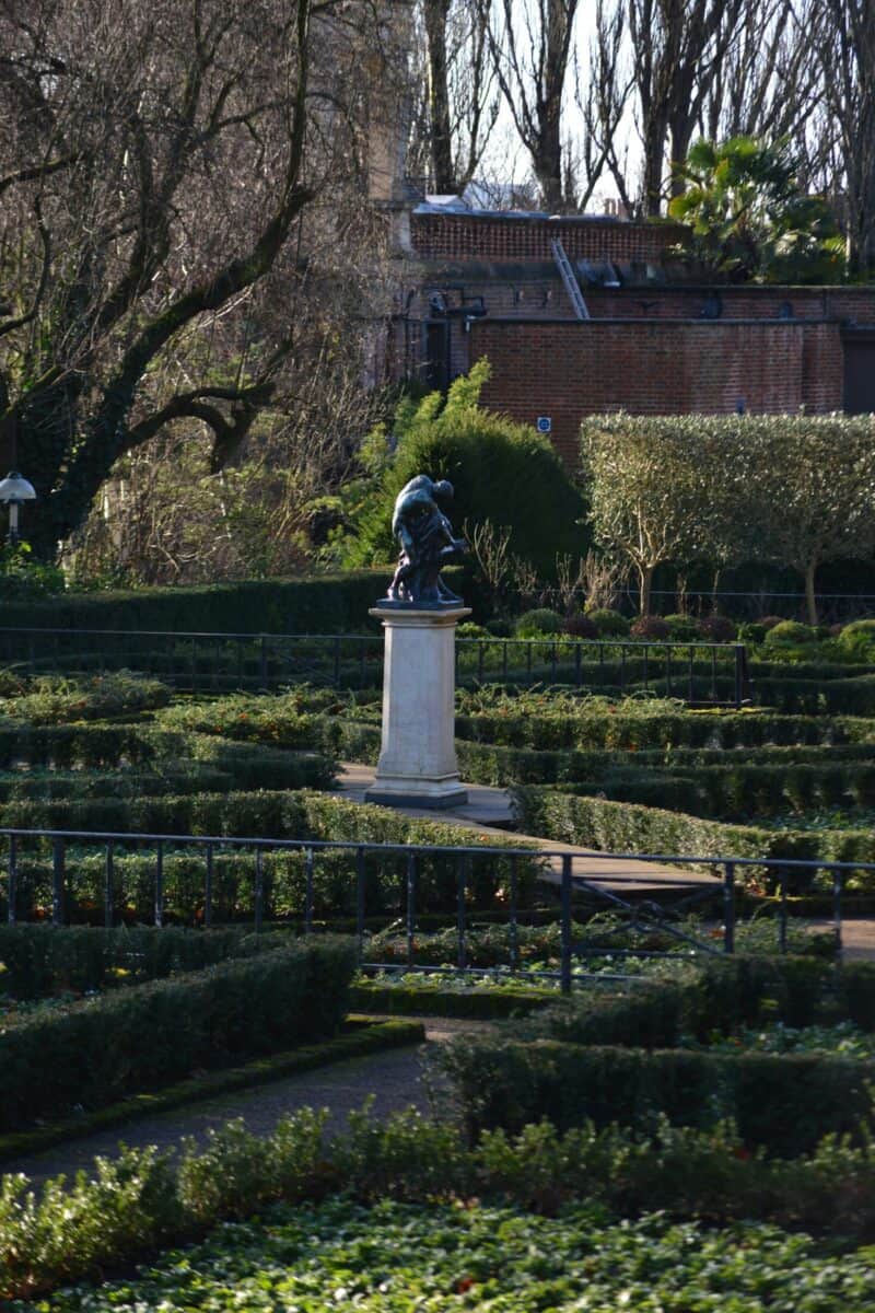 Garden with statue at St Christopher's Shepherd's Bush hostel in London.