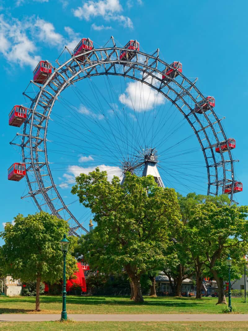 The Wiener Riesenrad or Vienna Giant Wheel in Prater funfair park in Austria, Vienna. Wiener Riesenrad Prater is Vienna’s most popular attractions.