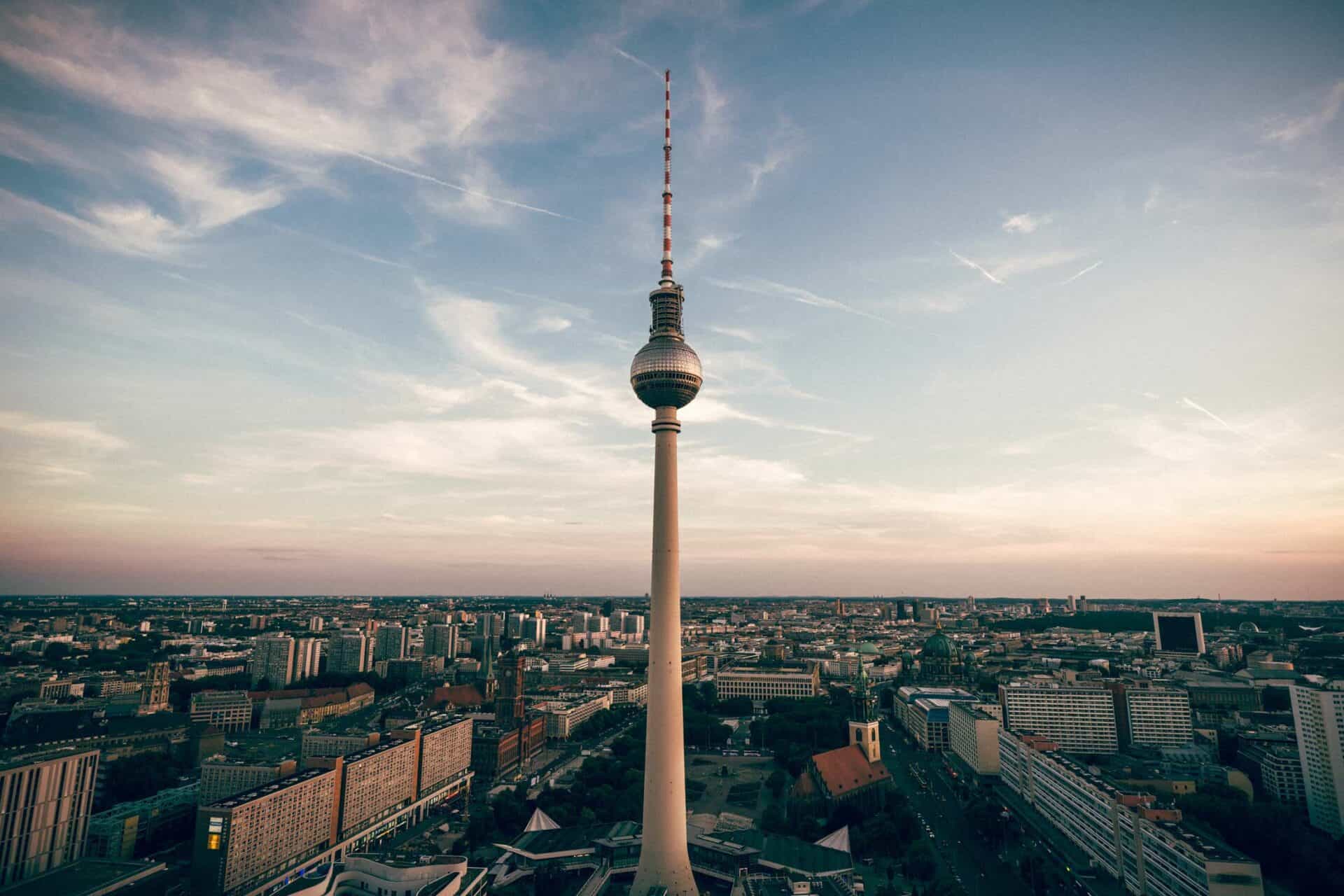 Aerial view of Berlin's Mitte district with the TV Tower at sunset.