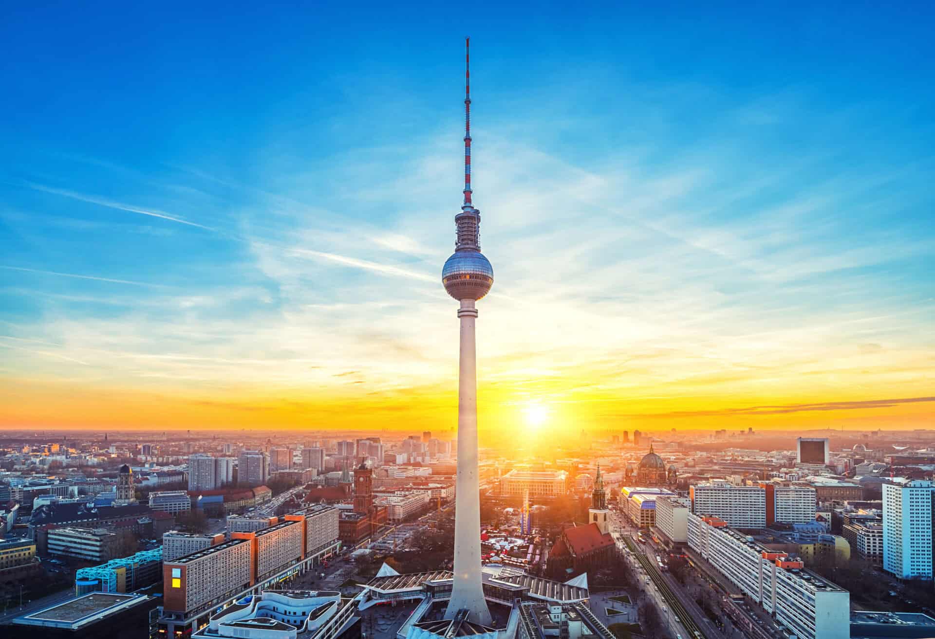 Berlin TV Tower, sunset view, Mitte district, Germany.