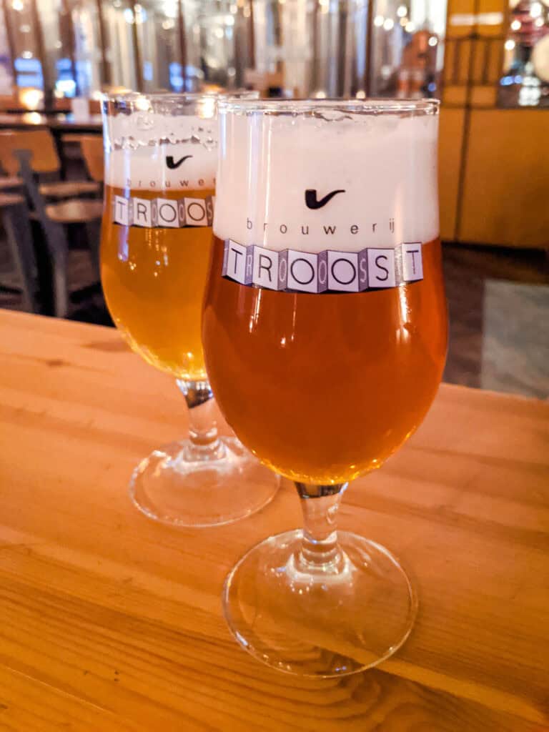 Two glasses of craft beer with foam at Mitte Hostel Berlin, inviting and vibrant atmosphere.