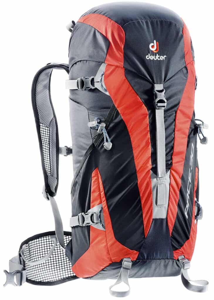 Durable red and black hiking backpack with multiple compartments and adjustable straps.