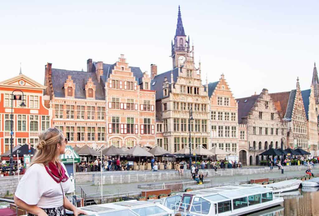 Historic Berlin architecture along the river in Mitte district, featuring colourful facades and a pr.