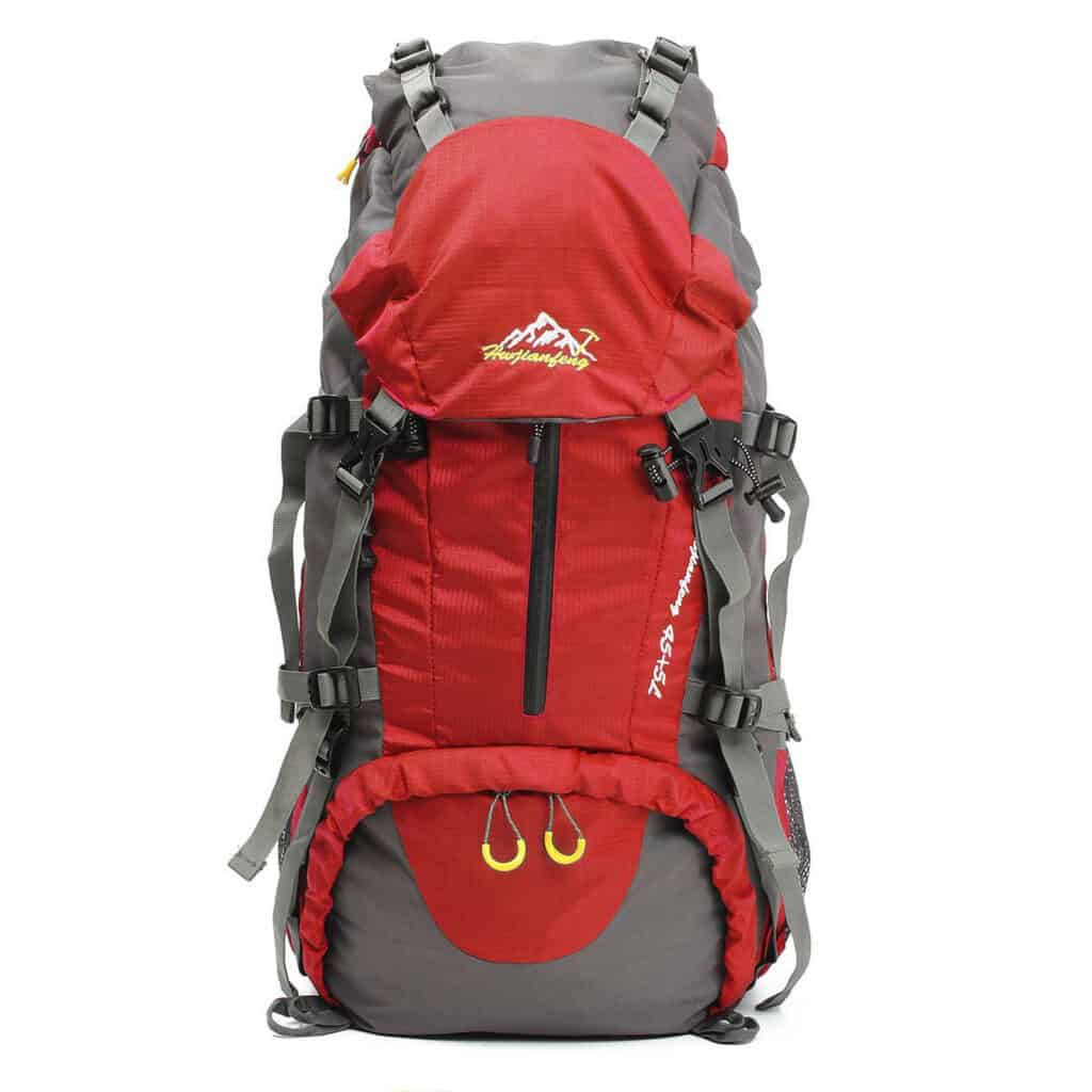 Outdoor hiking backpack with multiple compartments and adjustable straps.