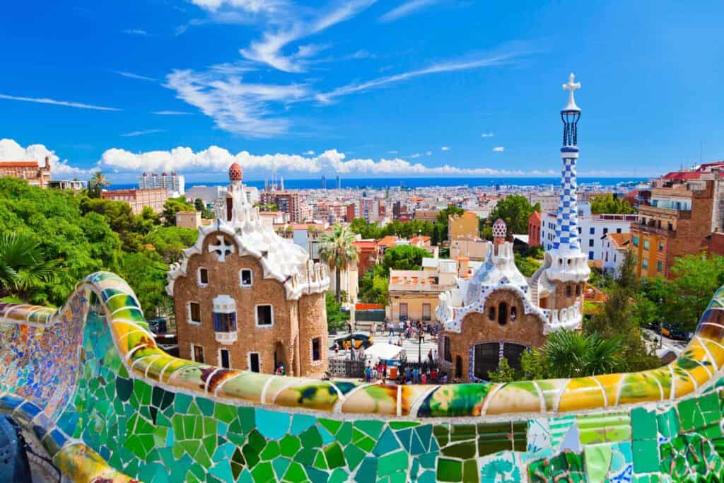 Vibrant mosaic architecture at Park Güell in Barcelona, featuring colorful tiles and unique design e.