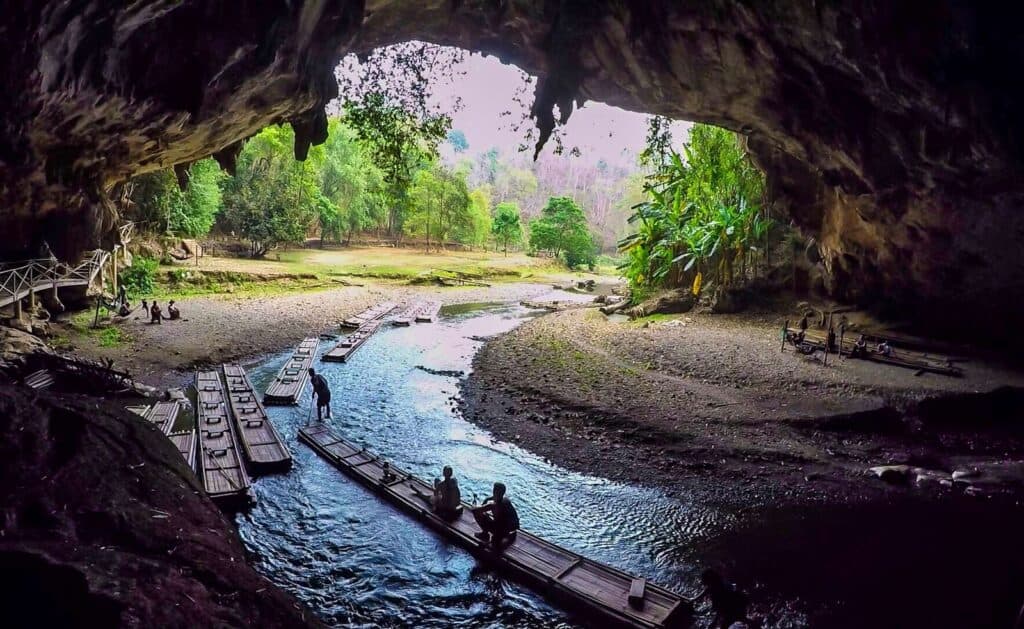 Natural cave with river and boats in Berlin Mitte, Germany.