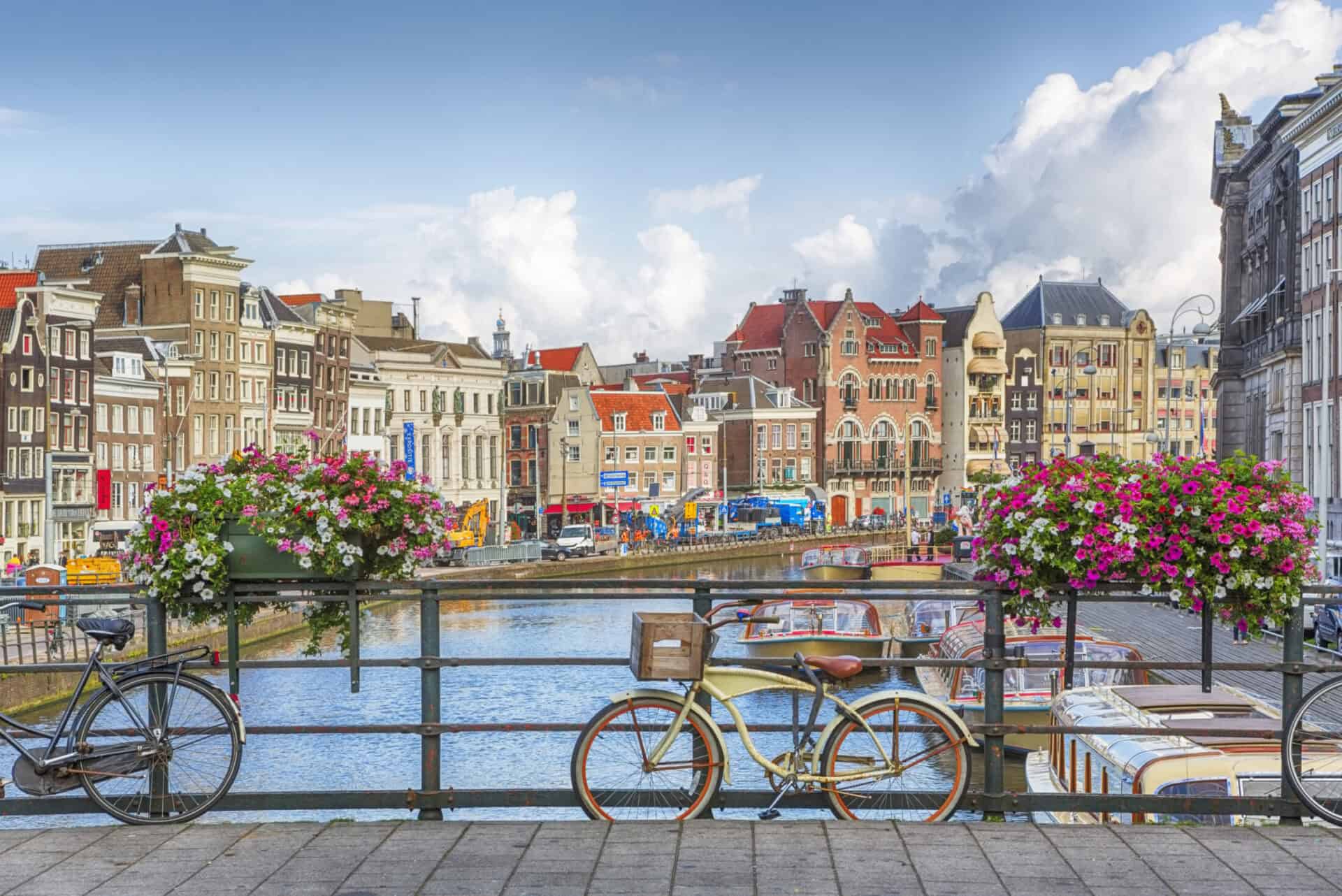 Historic Mitte district canal with colourful buildings and bicycles in Berlin, Germany.