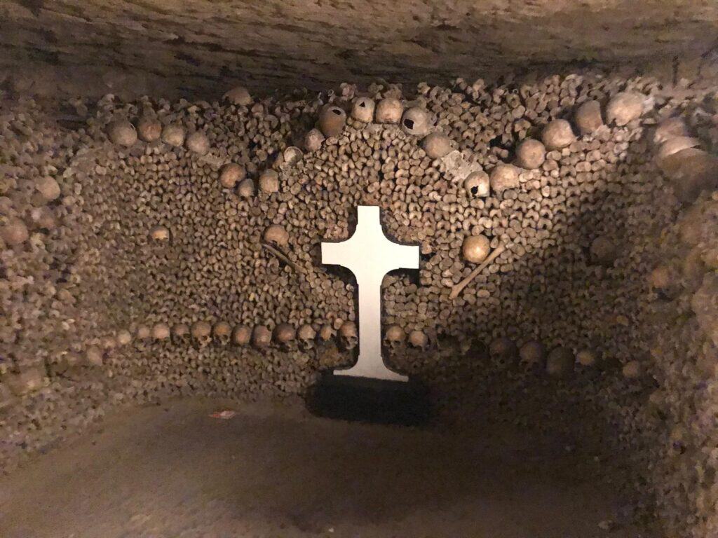 Underground chapel with skulls and bones at St Christopher’s Hostel Berlin Mitte.