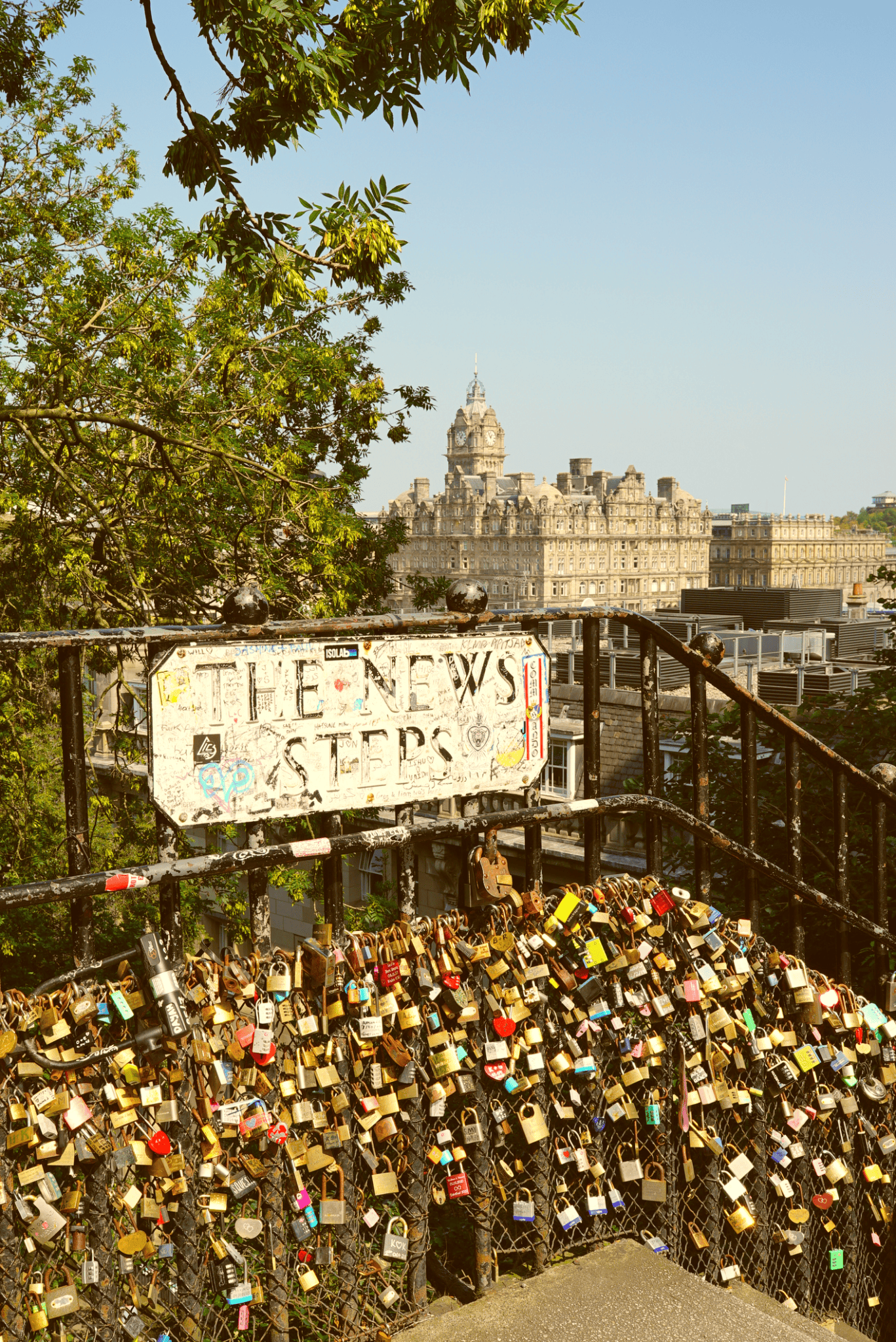View from St Christopher's Berlin - Mitte showing cityscape and love locks on bridge.
