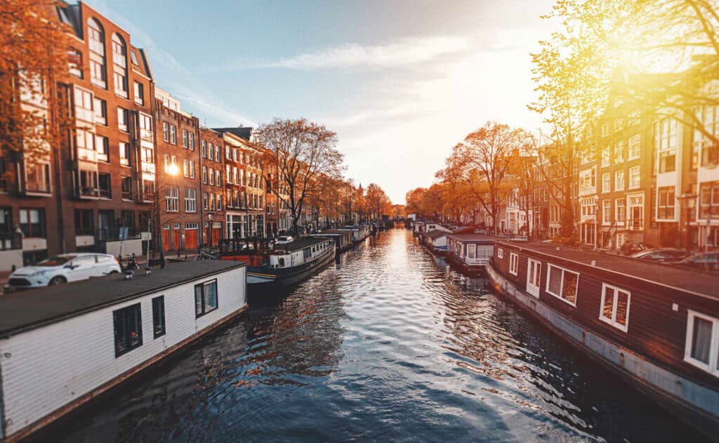 Canal view with historic buildings in Berlin Mitte, Germany.