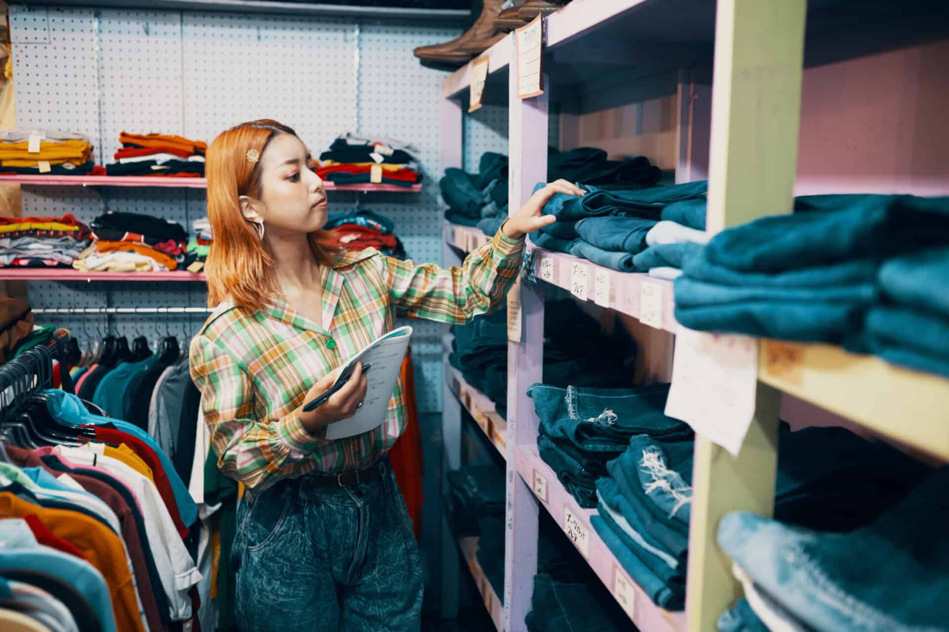 Woman shopping for clothes in Berlin Mitte hostel store, browsing shelves of folded garments.