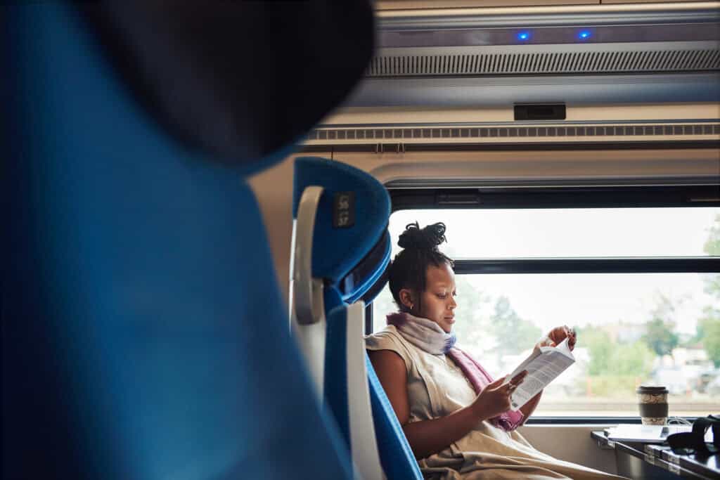 Passenger reading a book on a train in Berlin, Mitte district.