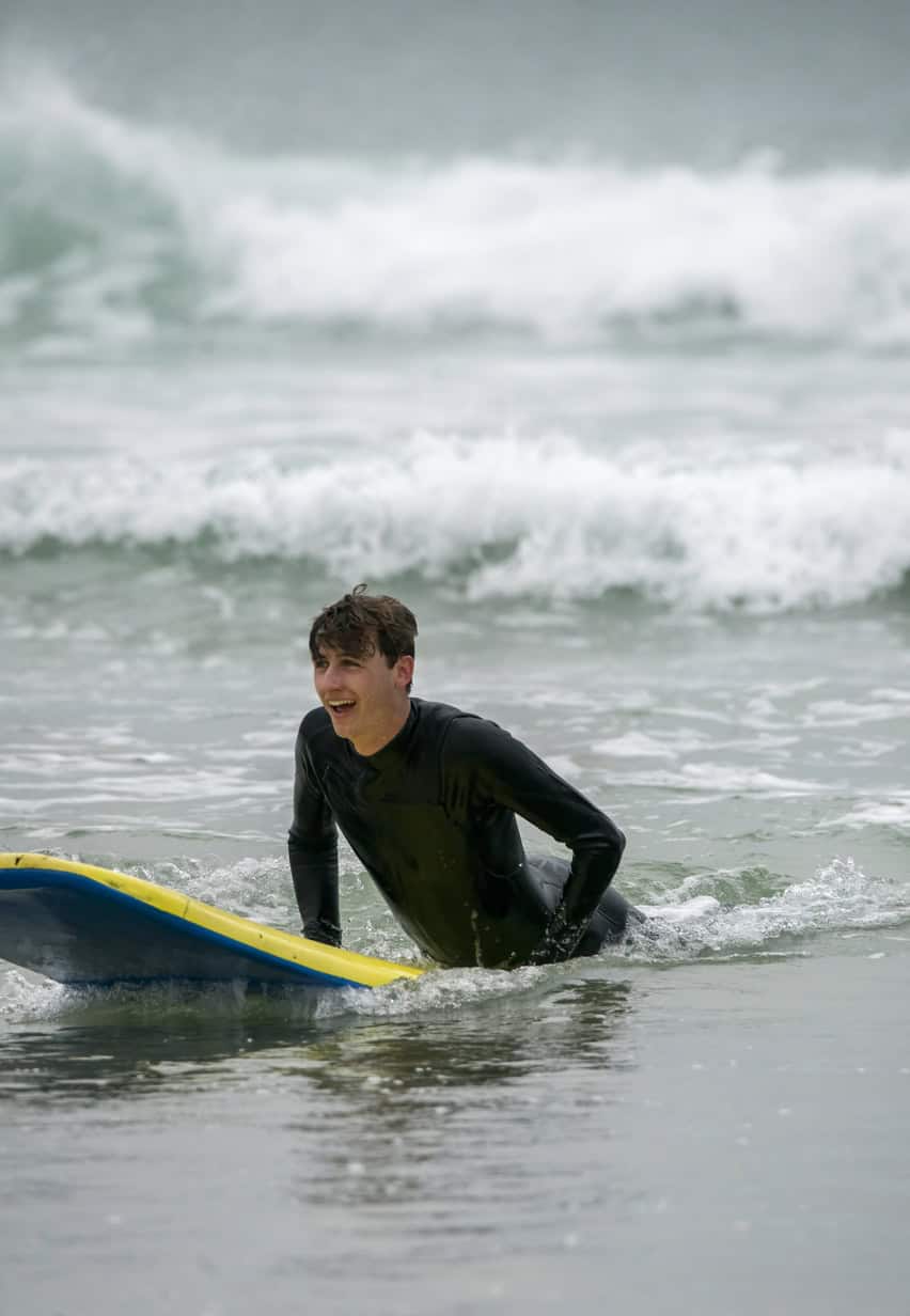 Young man surfing at the beach near St Christopher's Inns in Newquay, enjoying the coastal scenery.
