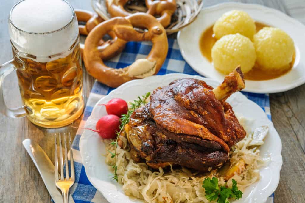 Traditional German meal with beer at Mitte Hostel, Berlin.