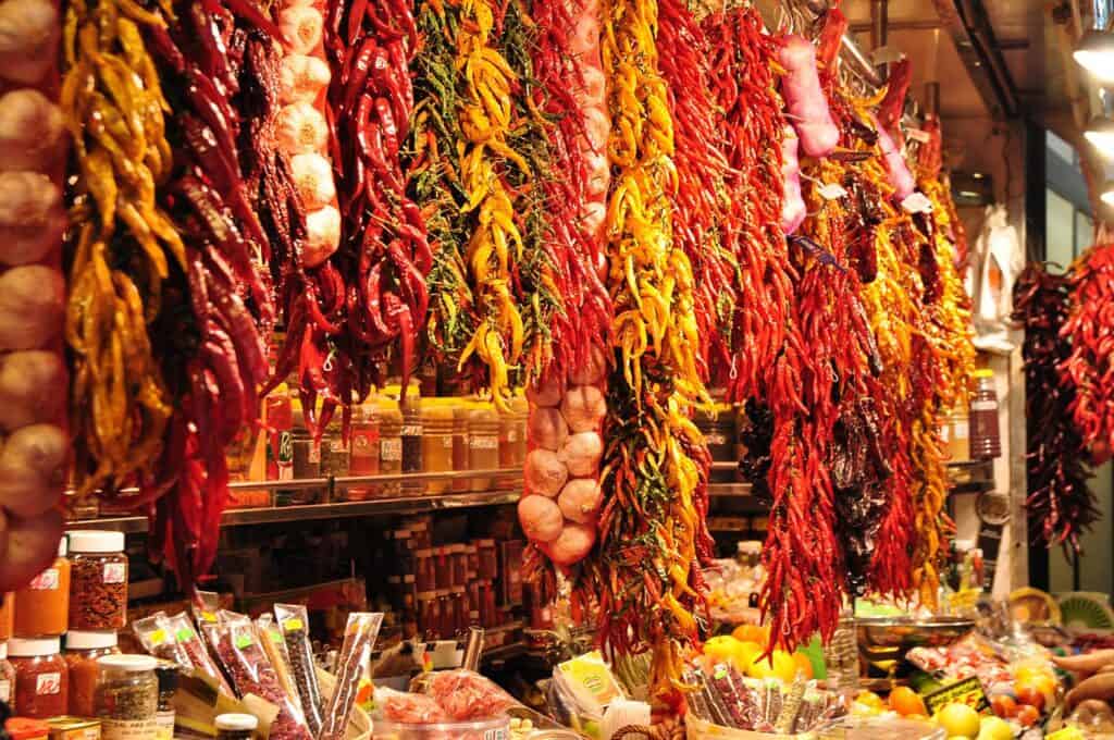 Colourful hanging chili peppers at Berlin market stall.
