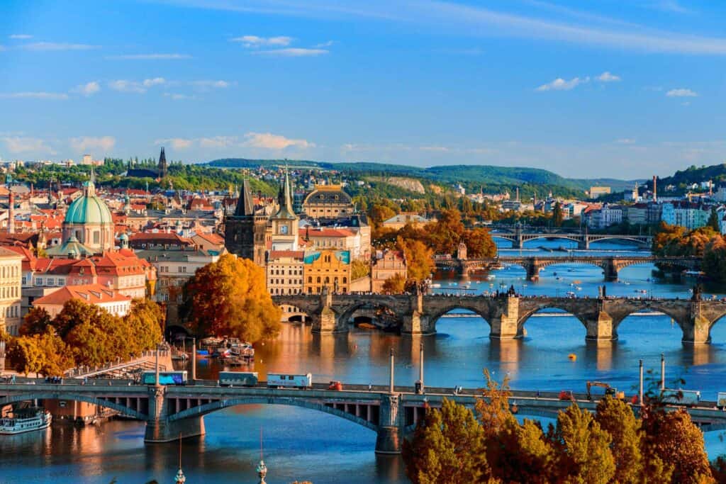 Panoramic view of Berlin cityscape with historic bridges and landmarks.