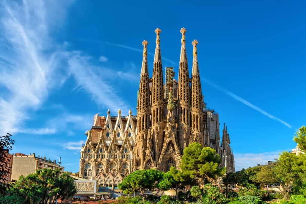 Sagrada Família basilica in Barcelona with intricate architecture and towering spires.