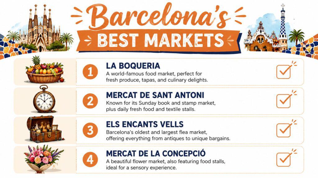 Explore Barcelona's top markets including La Boqueria, Mercat de Sant Antoni, Els Encants Vells, and.