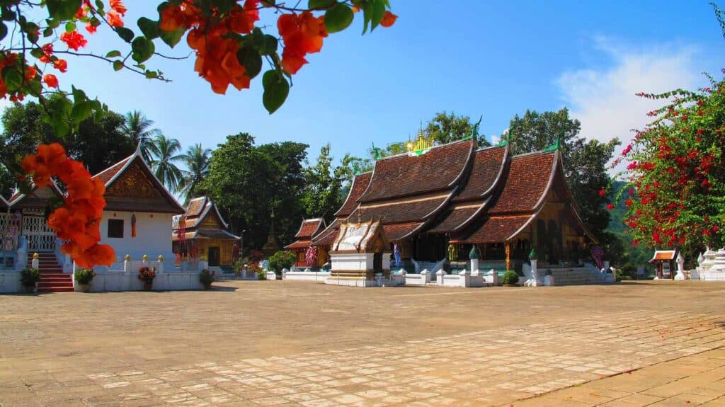 Historic Thai temples in Mitte, Berlin with traditional architecture and lush greenery.