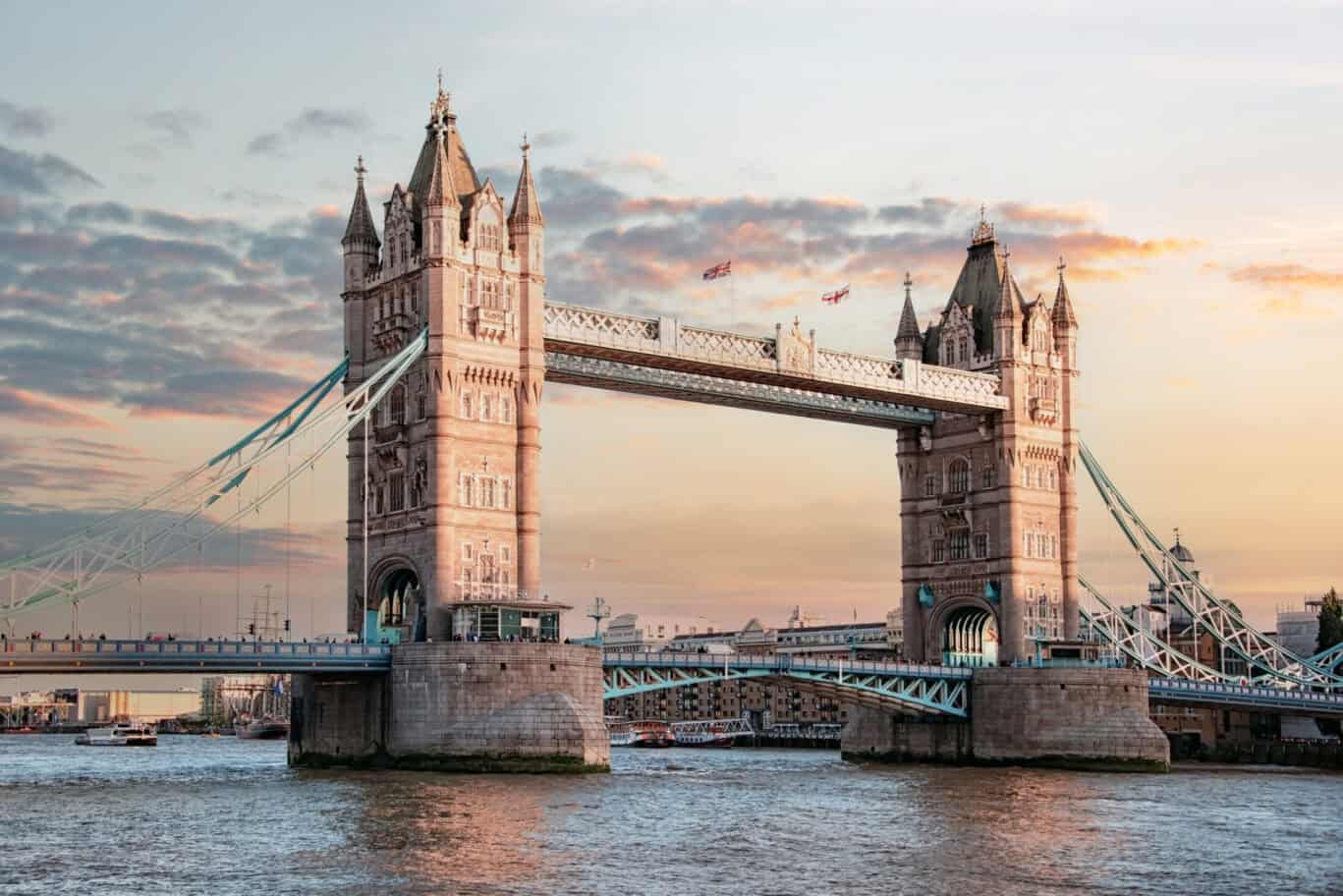 Iconic Tower Bridge over the River Thames at sunset.