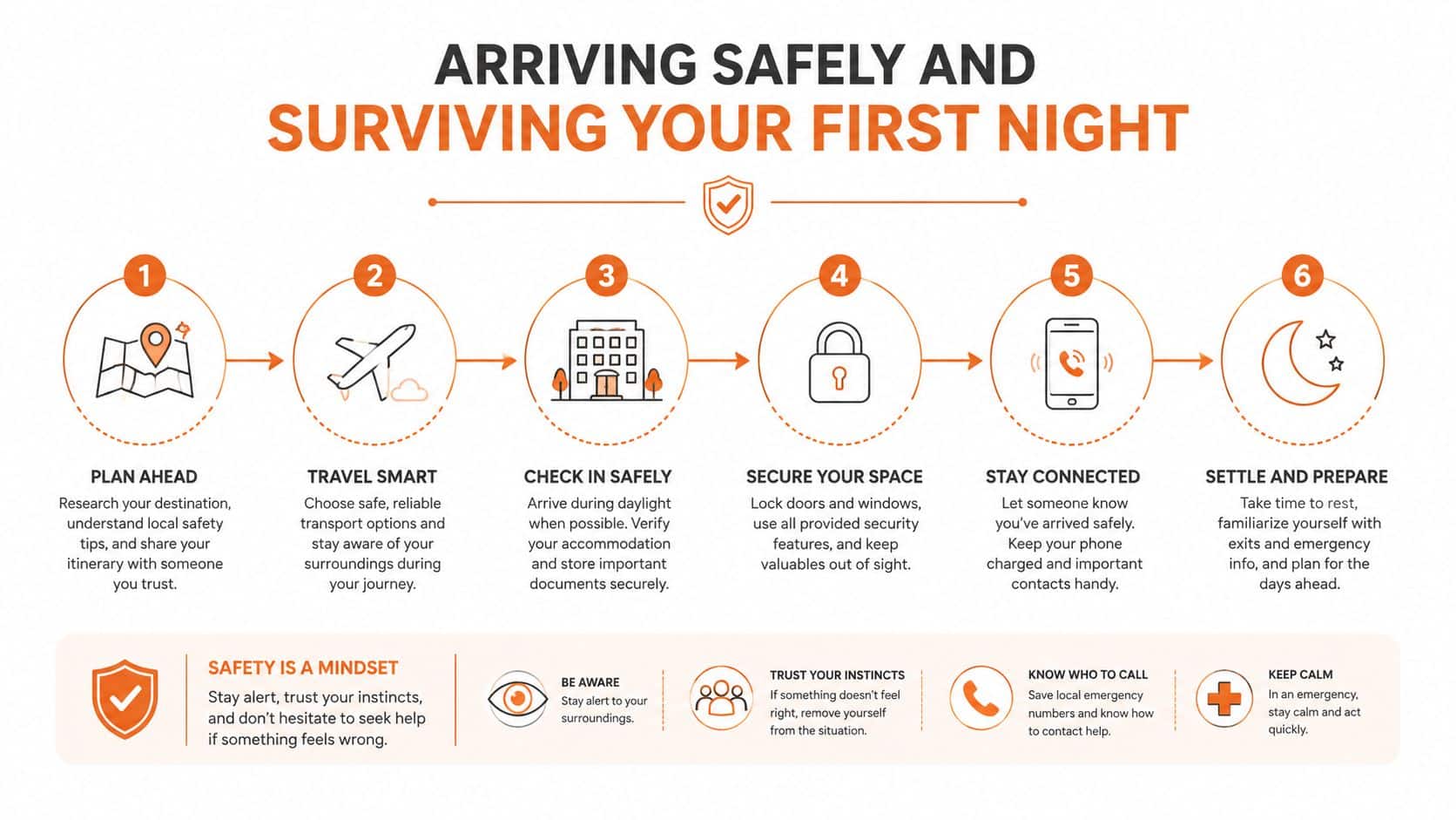 An infographic titled Arriving Safely and Surviving Your First Night showing six safety steps for travelers.