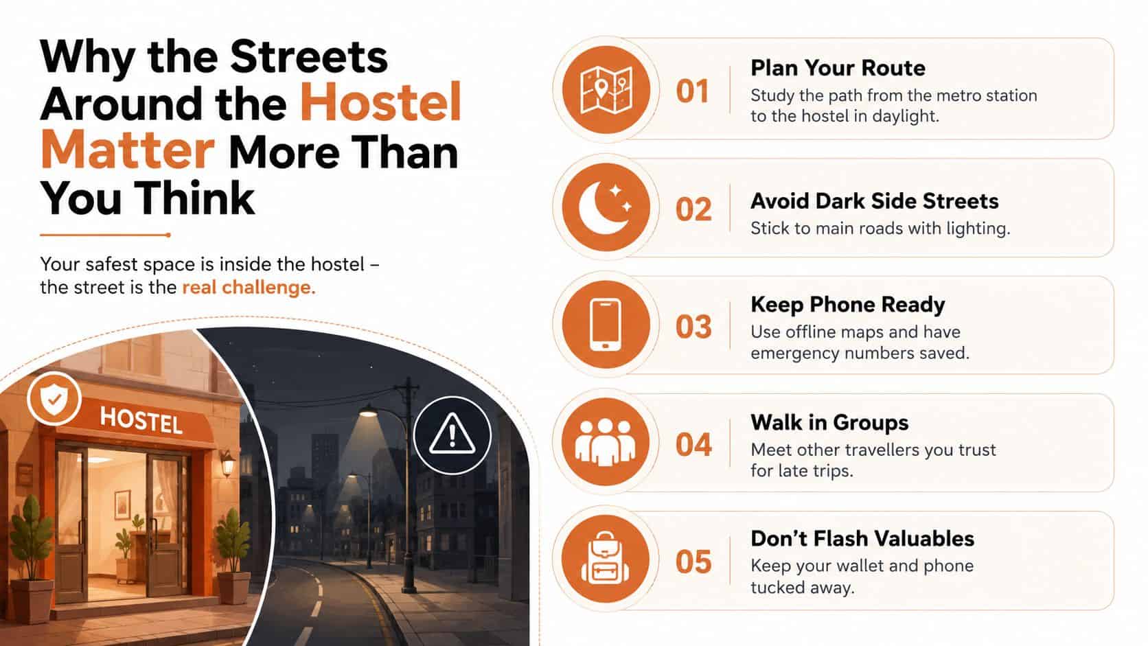A safety infographic titled Why the Streets Around the Hostel Matter More Than You Think featuring five tips.