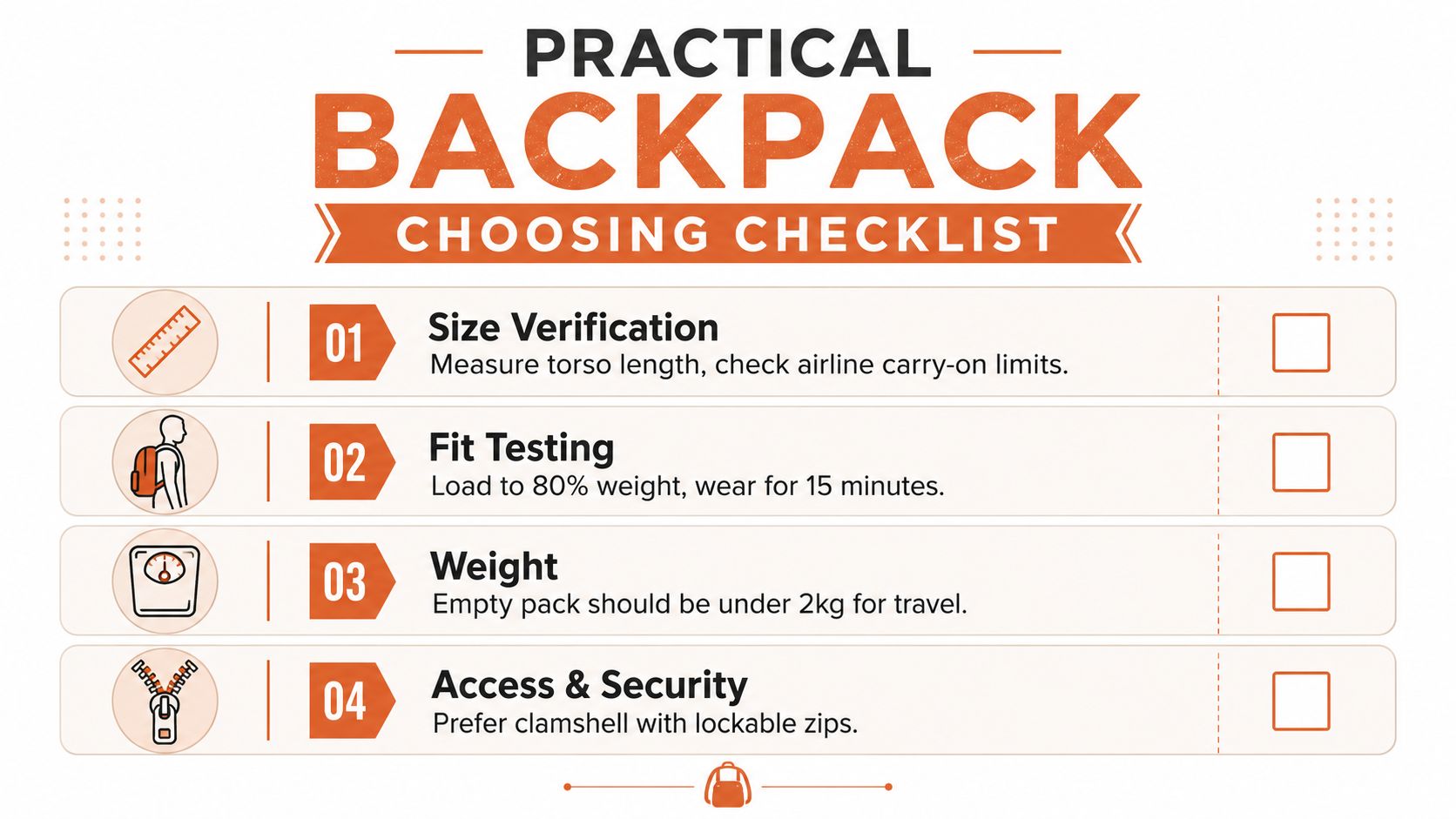A checklist infographic titled Practical Backpack Choosing Checklist with four points for selecting a travel backpack.
