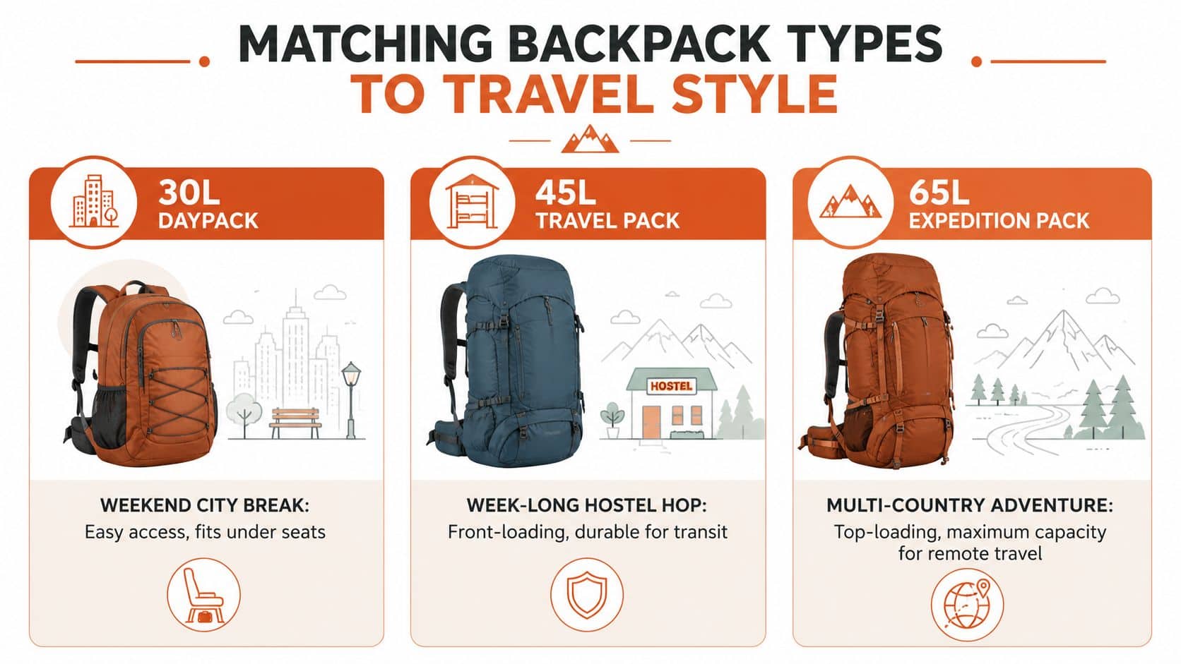 A comparison chart matching three backpack sizes to different travel styles, from weekend city trips to remote expeditions.