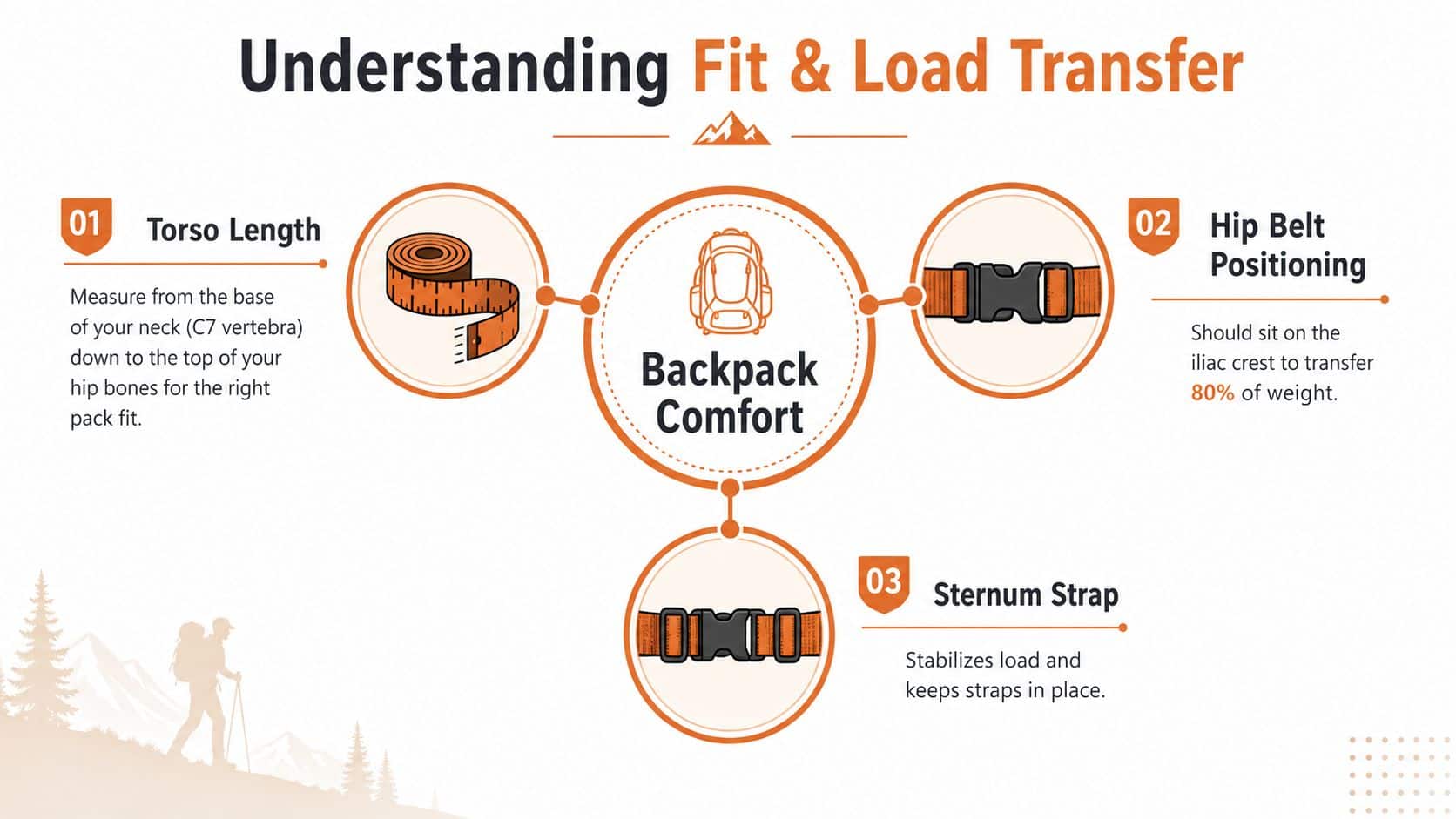 An infographic showing how to adjust a backpack for comfort through torso length, hip belt, and sternum strap.