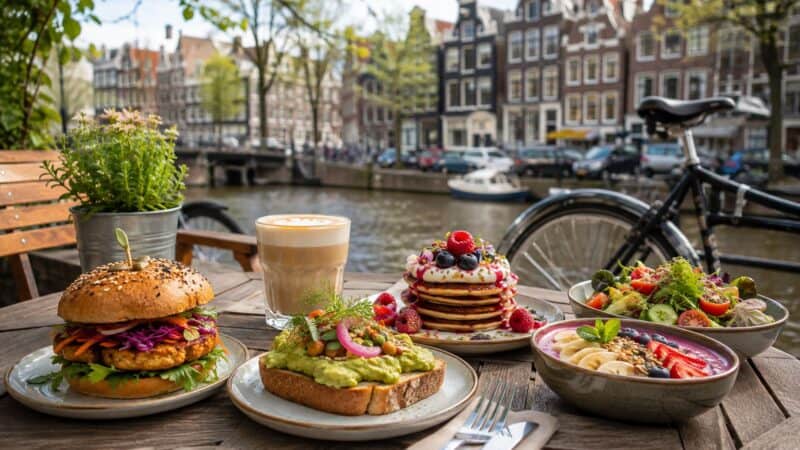 A table with breakfast food and drinks outside a canal with boats and historic buildings.