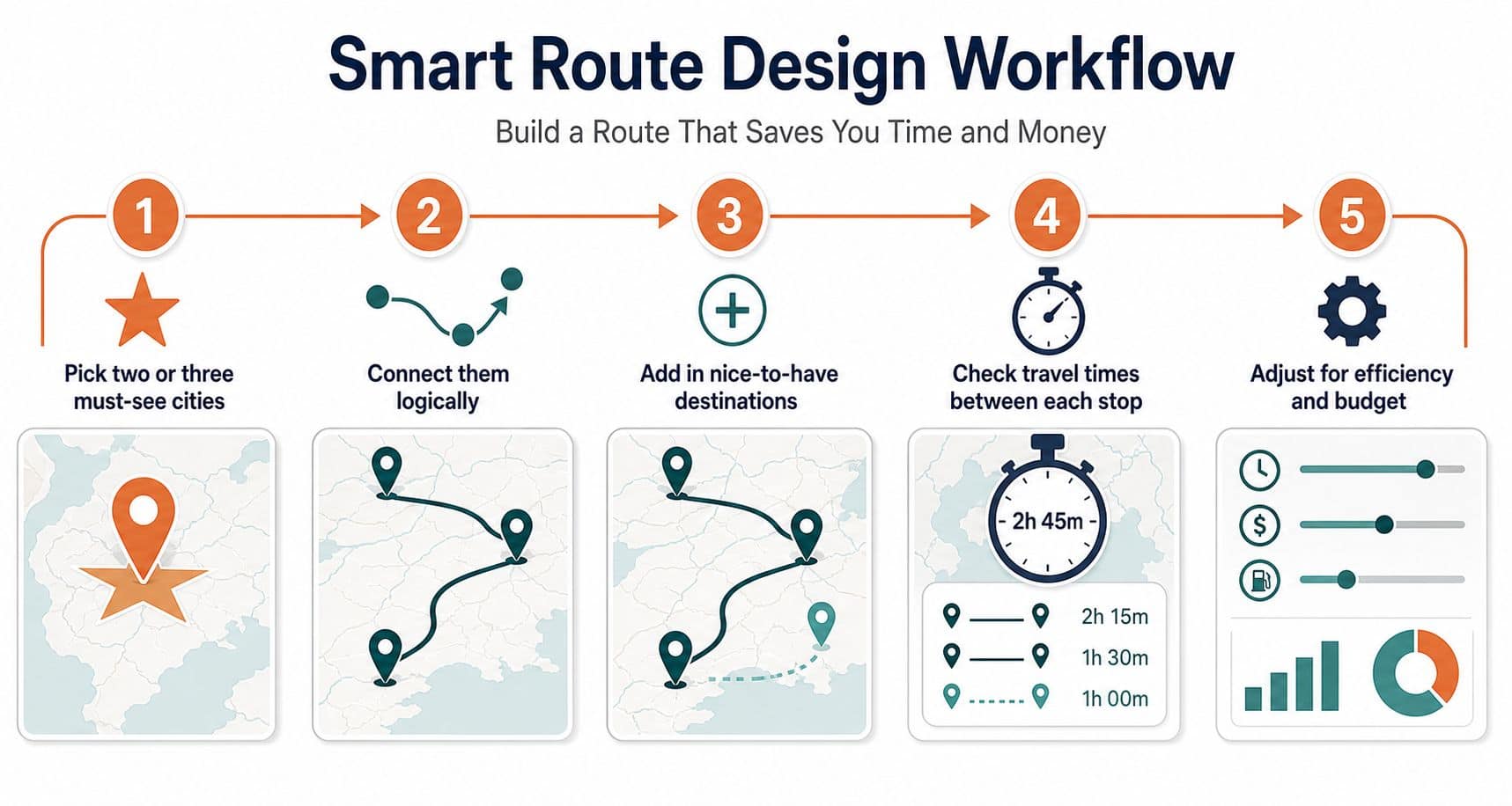 A five-step infographic titled Smart Route Design Workflow showing how to plan an efficient travel itinerary.