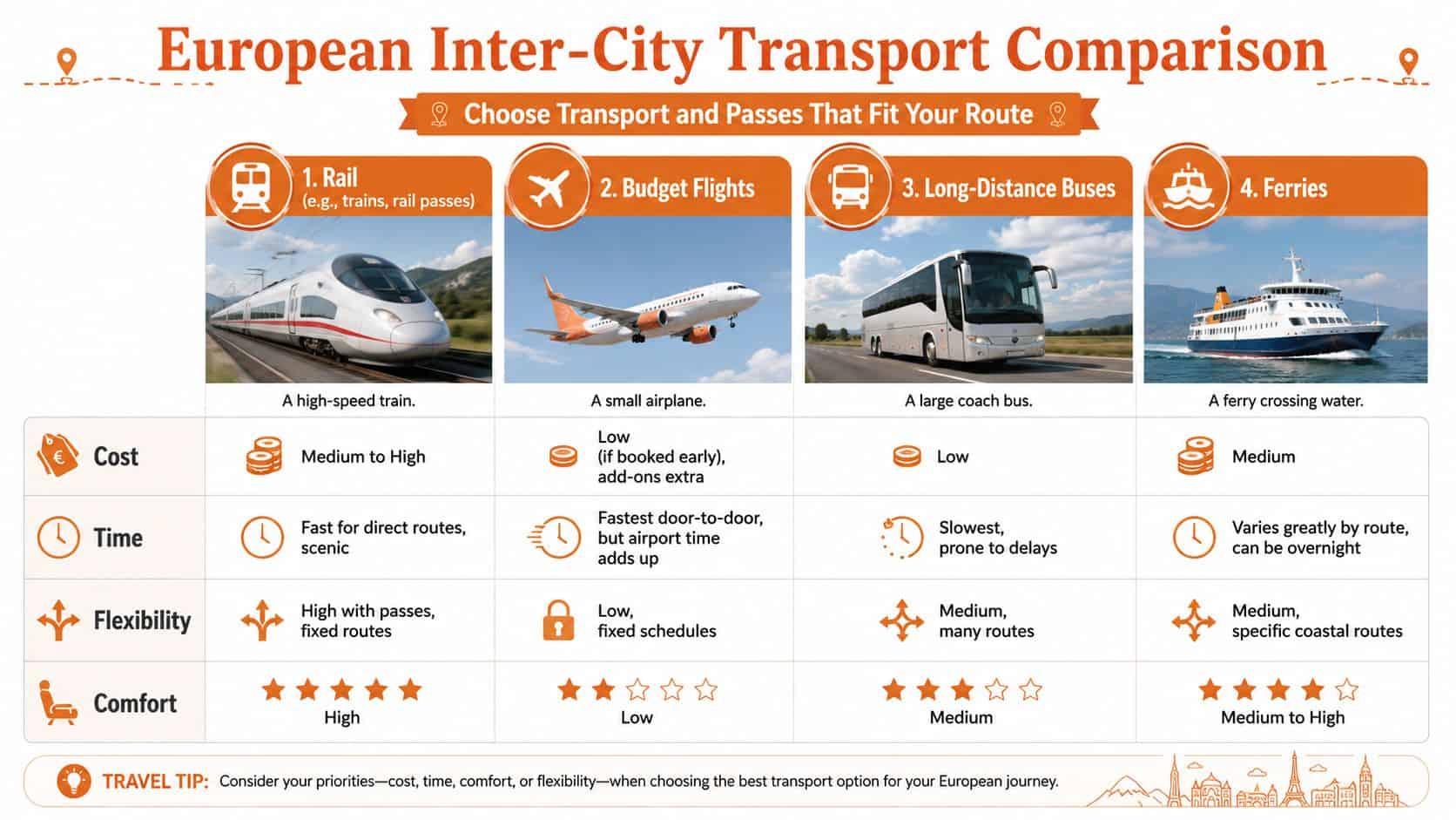 A comparison chart for European inter-city travel methods including rail, budget flights, long-distance buses, and ferries.