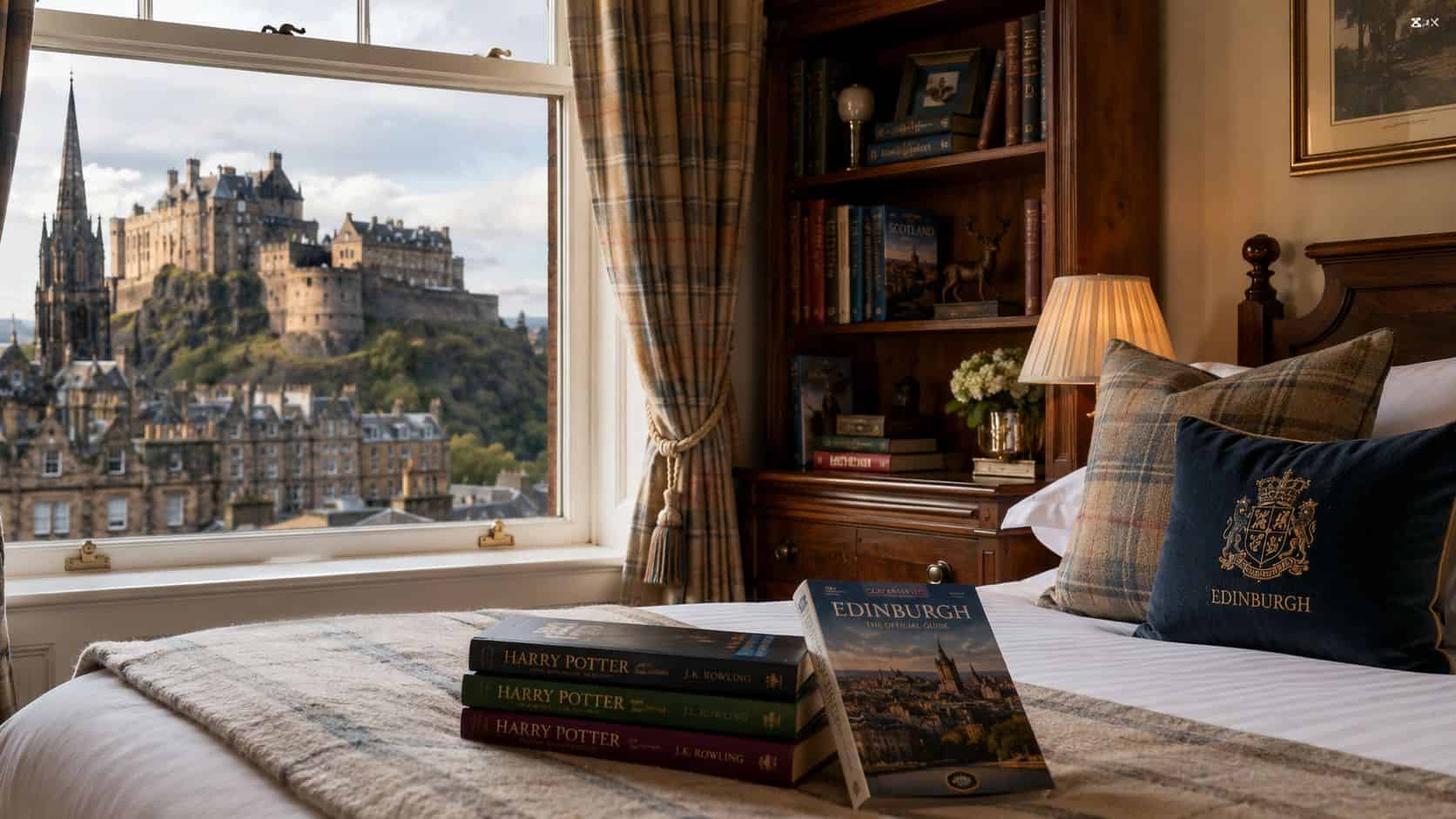 A cosy hotel room with a view of a historic castle and cityscape.