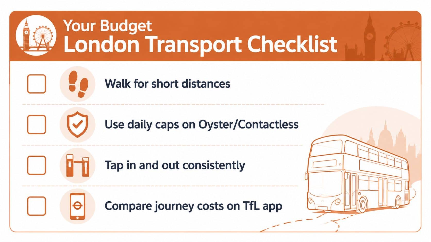 A checklist graphic titled Your Budget London Transport Checklist featuring four tips for saving money while traveling.