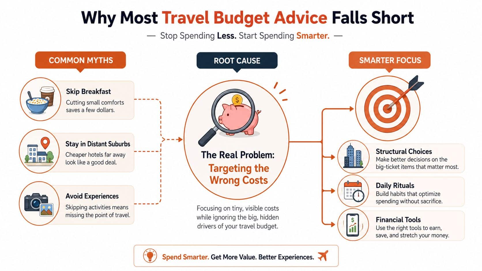 An infographic showing that focusing on big structural choices is better than cutting small travel expenses.