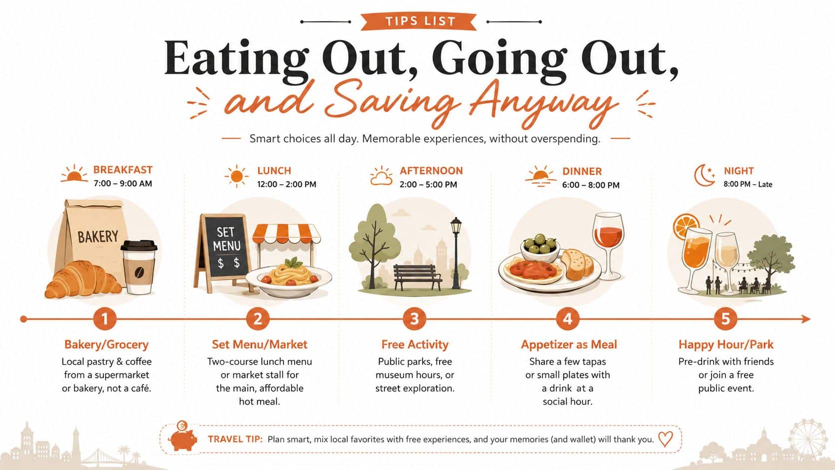 A travel infographic titled Eating Out, Going Out, and Saving Anyway providing five budget-friendly tips for travelers.