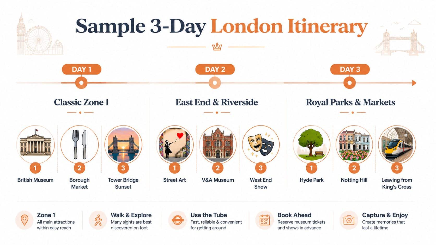 A visual guide for a three-day London itinerary including iconic museums, parks, markets, and transit tips.