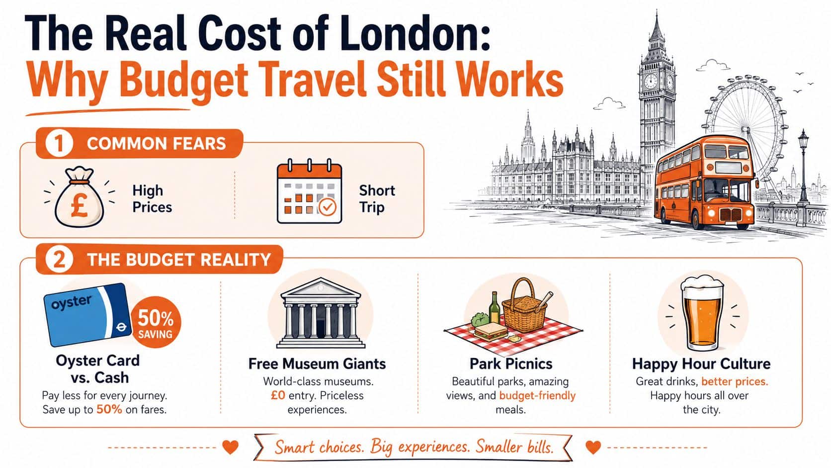 An infographic titled The Real Cost of London explaining how to travel the city on a budget.