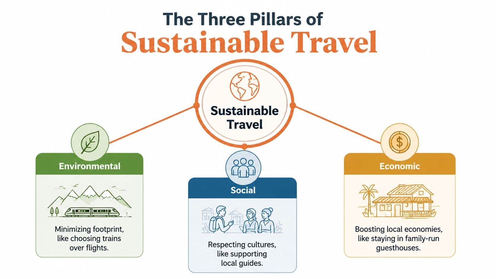 A diagram illustrating the three pillars of sustainable travel: environmental, social, and economic sustainability for tourism.