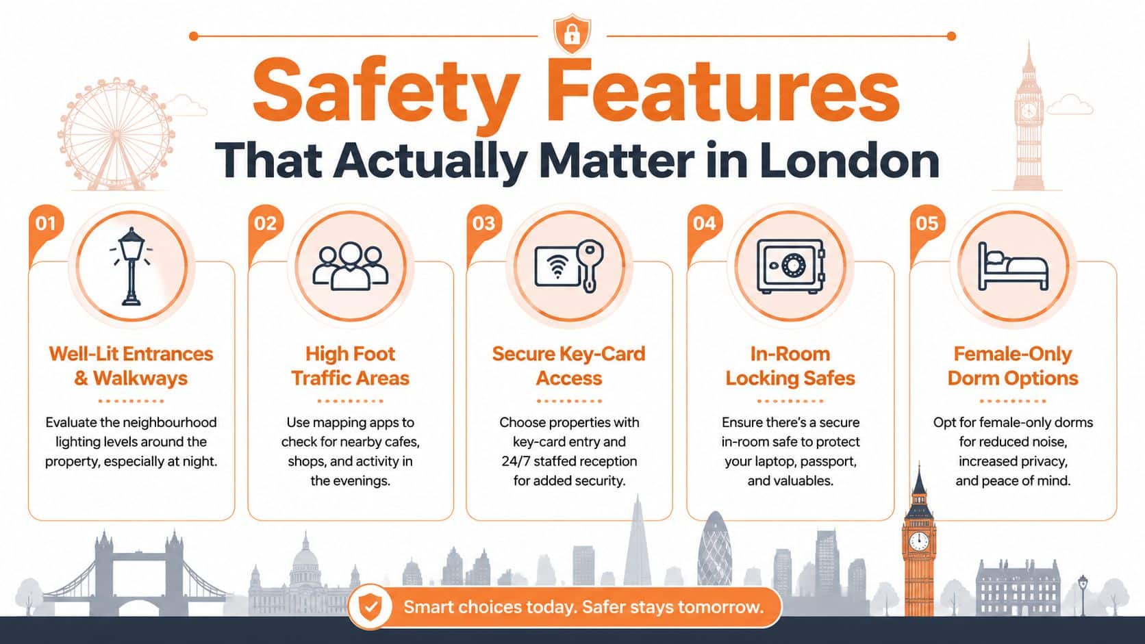 An infographic detailing five essential safety features for accommodation when visiting London to ensure a secure stay.
