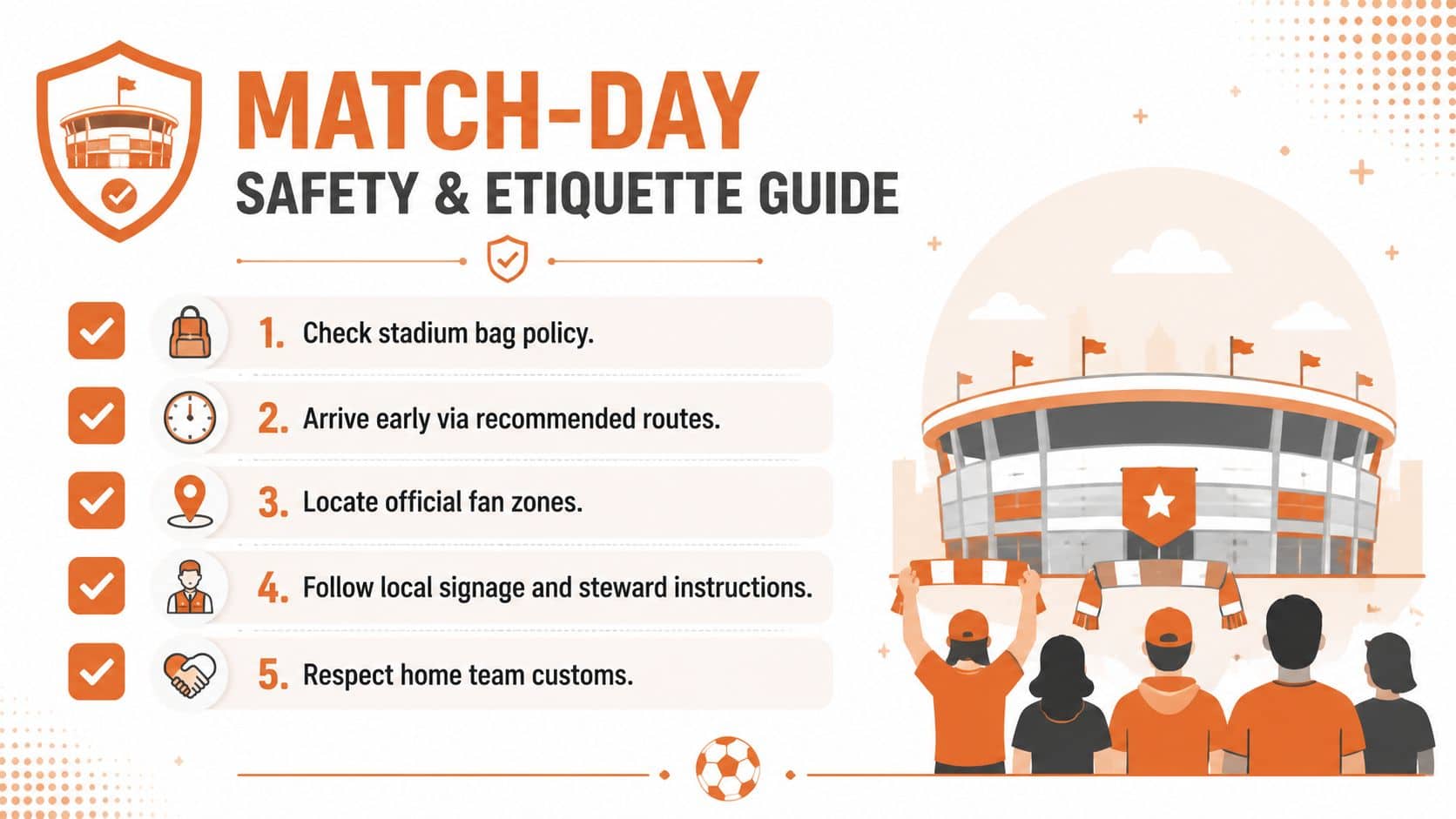 A safety and etiquette guide graphic for football match-day attendees featuring five key instructions for fans.