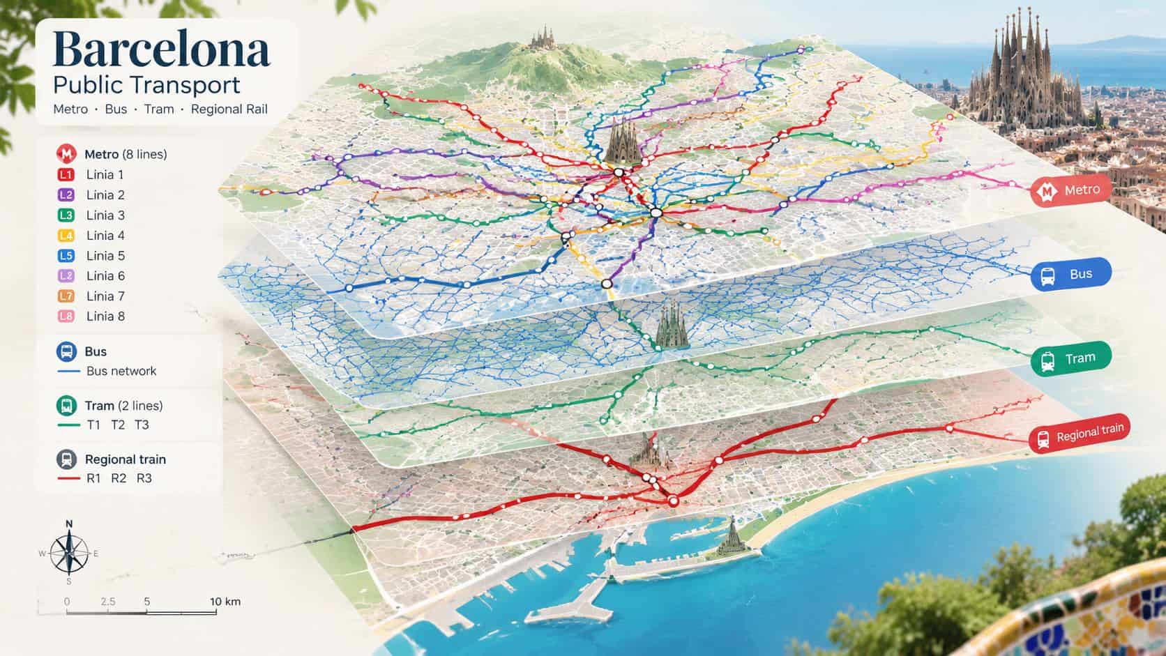 A 3D layered map visualization of Barcelona's public transport system, including metro lines, buses, trams, and trains.