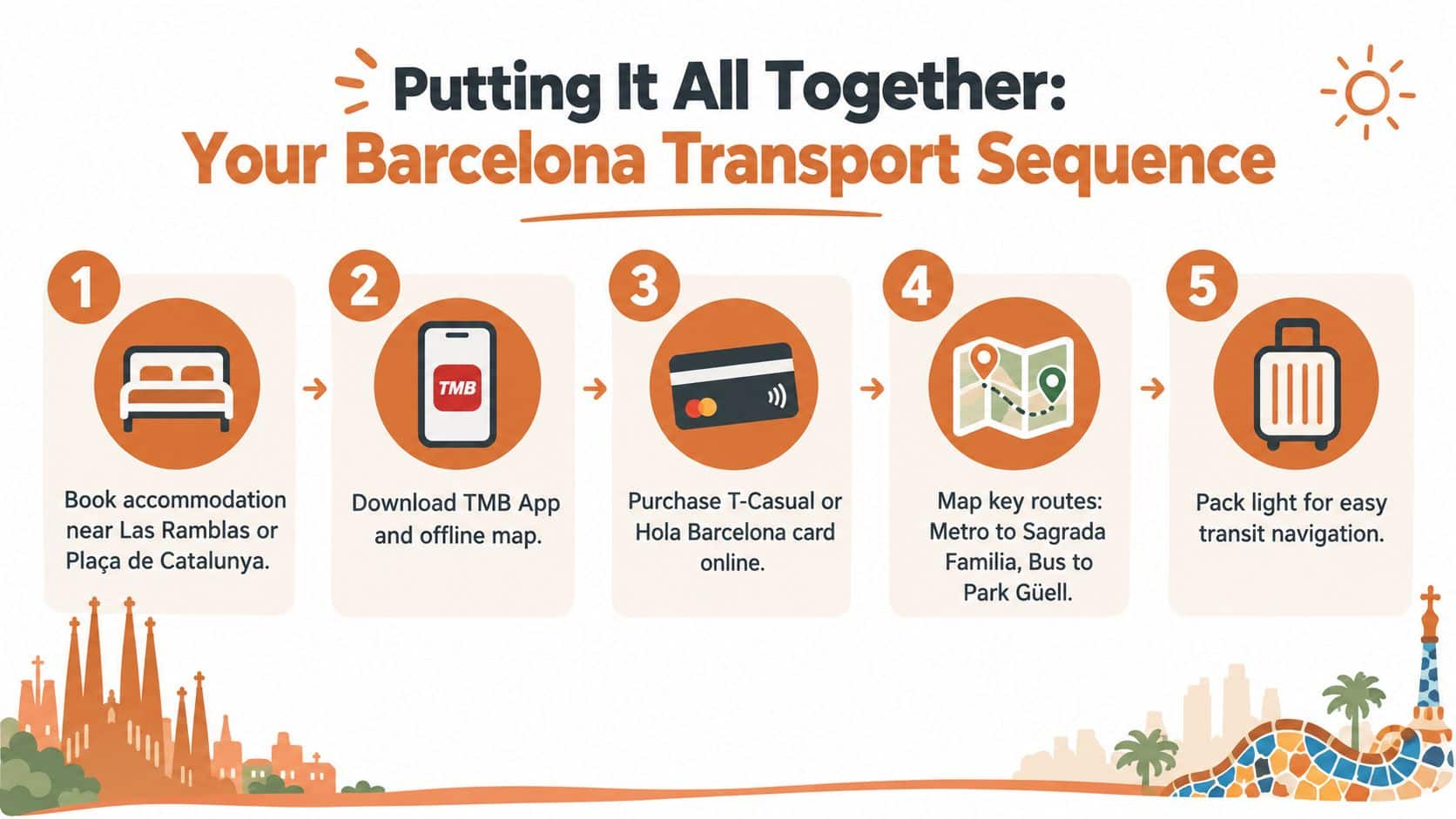 An infographic showing a five-step sequence for planning public transport travel when visiting Barcelona, Spain.