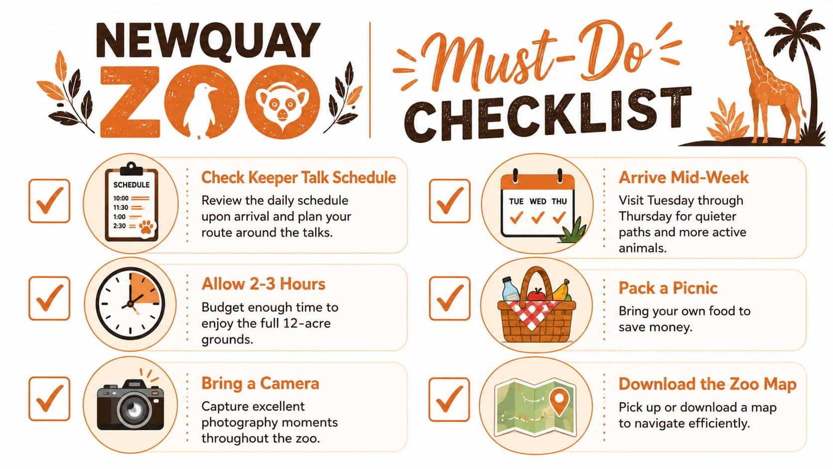 An infographic checklist for Newquay Zoo featuring six essential tips for visitors to plan their trip.